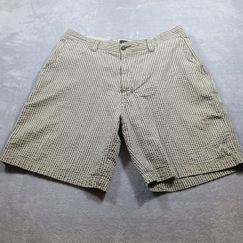 IZOD Mens Seersucker Shorts‎ Olive Green Stripe 33 Cotton Classic Preppy